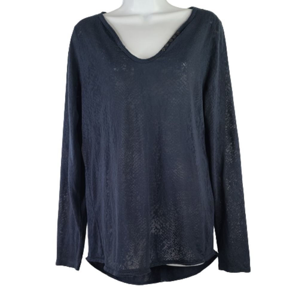 Rock & Republic Large Sheer Top Blue Button Snakeskin Design Long Sleeve